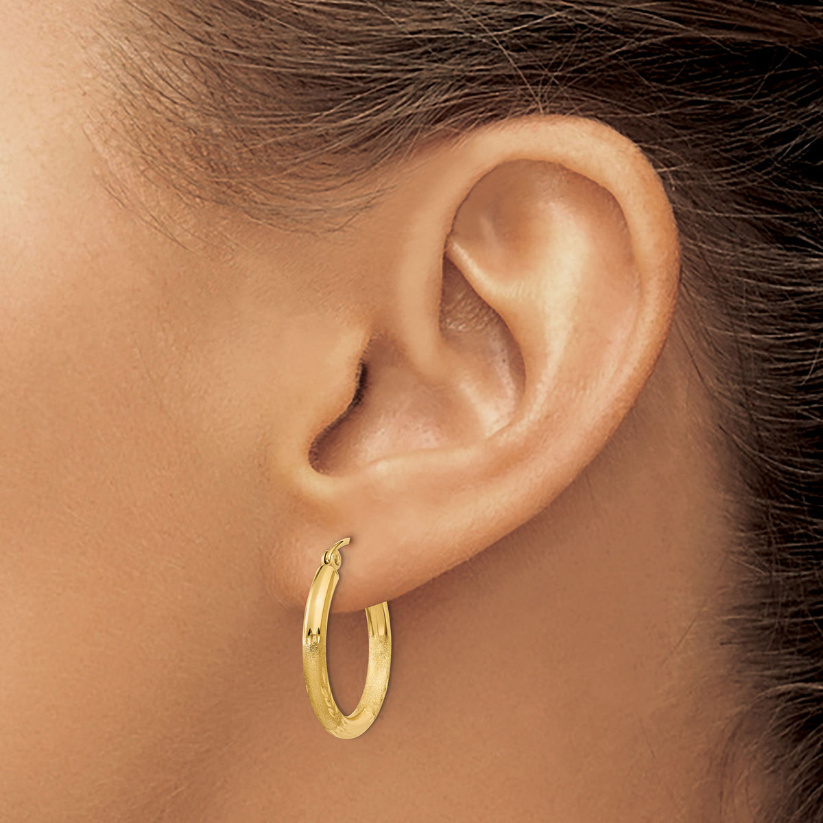 14k Satin and Diamond-cut 2.5mm Round Hoop Earrings-TC245