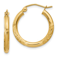 14k Satin and Diamond-cut 2.5mm Round Hoop Earrings-TC245
