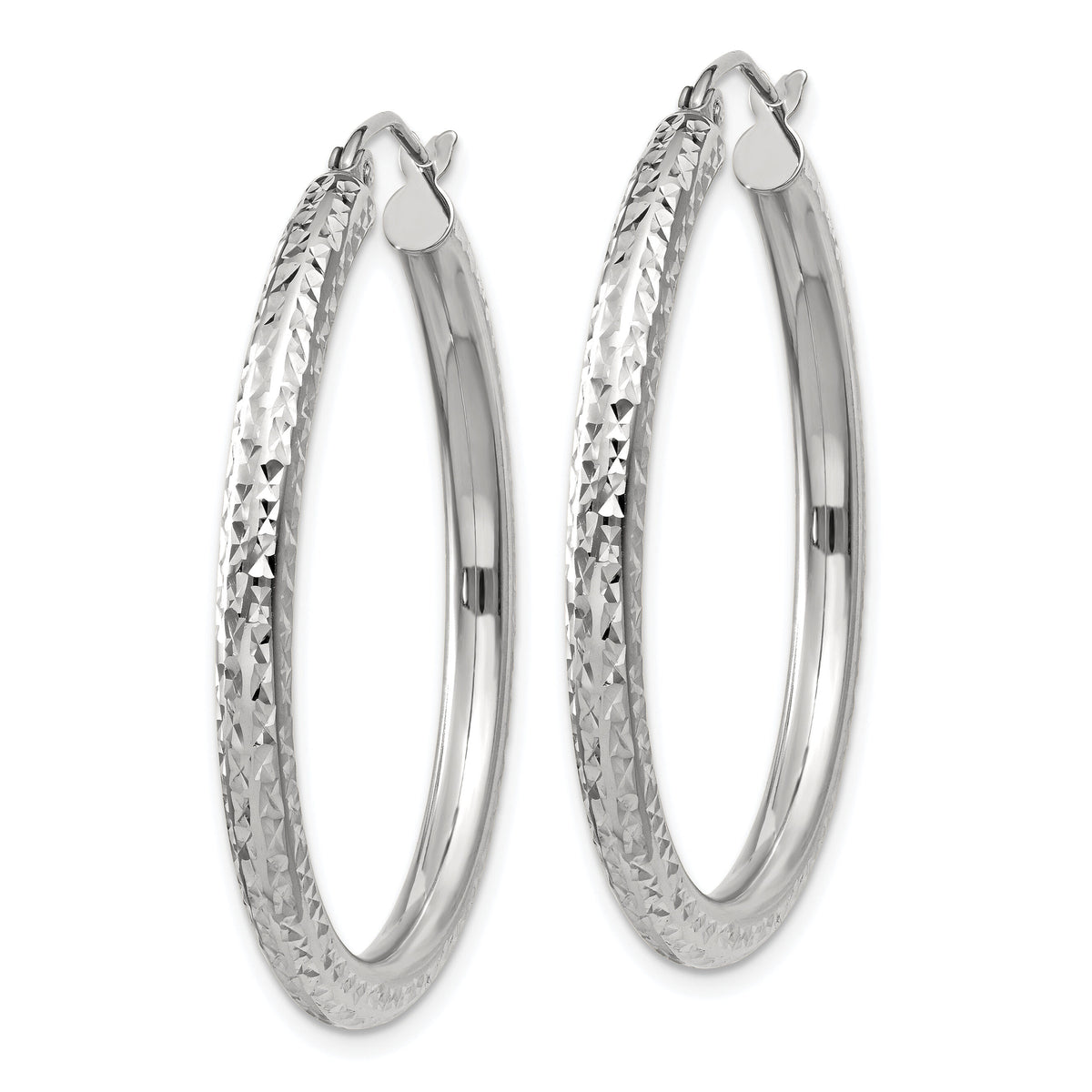 14k White Gold Diamond-cut 3mm Round Hoop Earrings-TC251