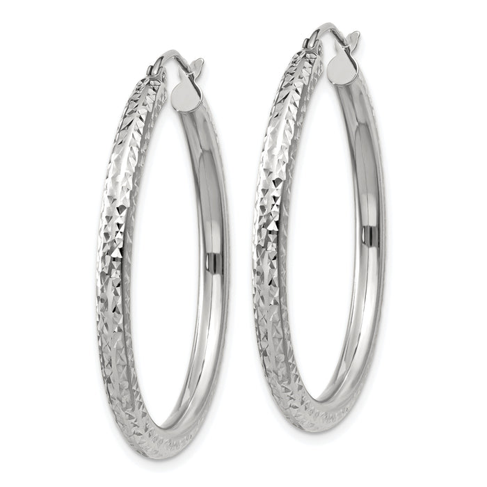 14k White Gold Diamond-cut 3mm Round Hoop Earrings-TC251