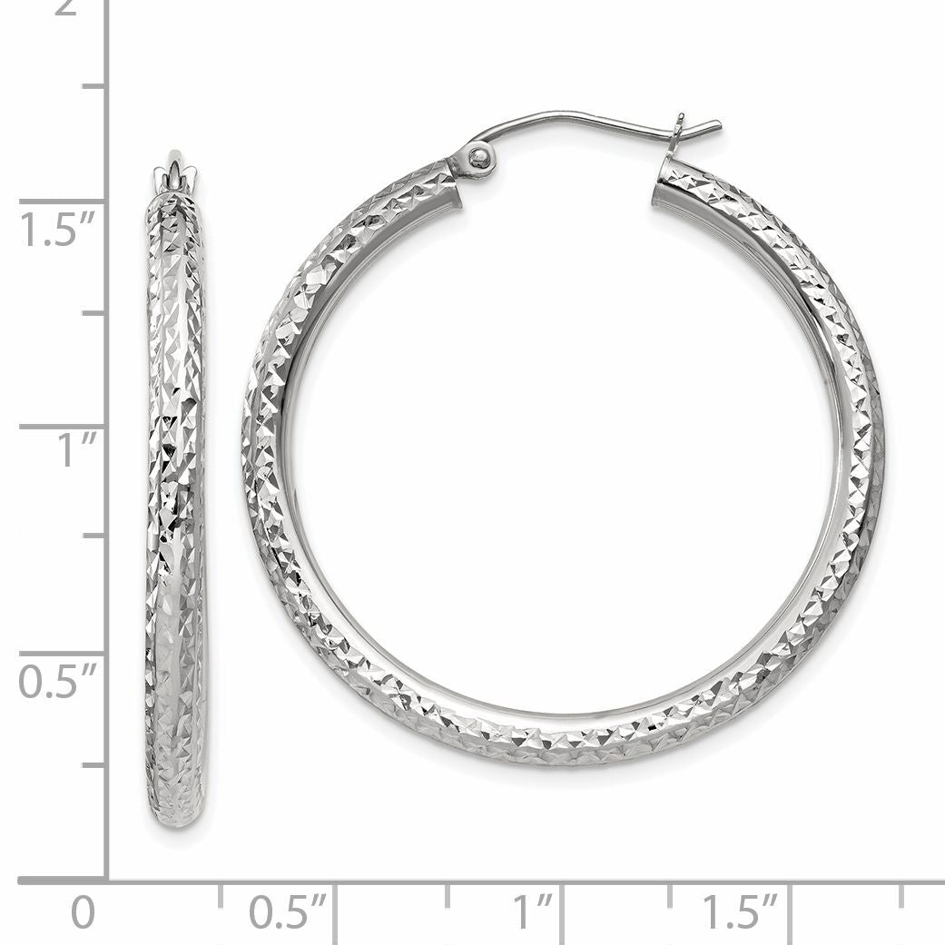 14k White Gold Diamond-cut 3mm Round Hoop Earrings-TC251