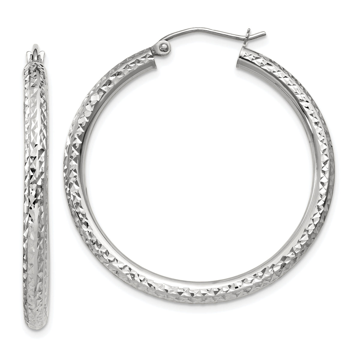 14k White Gold Diamond-cut 3mm Round Hoop Earrings-TC251