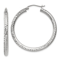 14k White Gold Diamond-cut 3mm Round Hoop Earrings-TC251