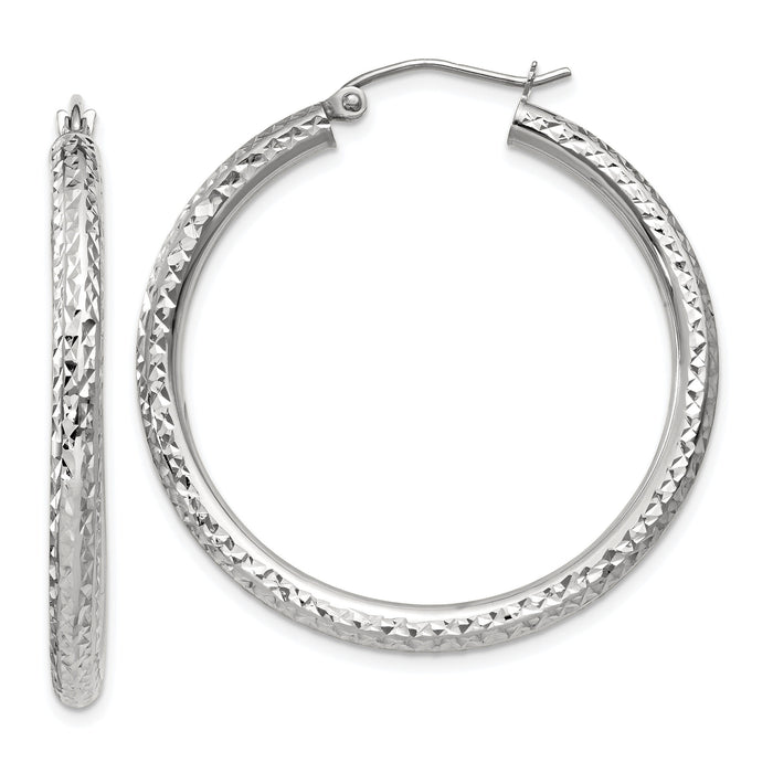 14k White Gold Diamond-cut 3mm Round Hoop Earrings-TC251