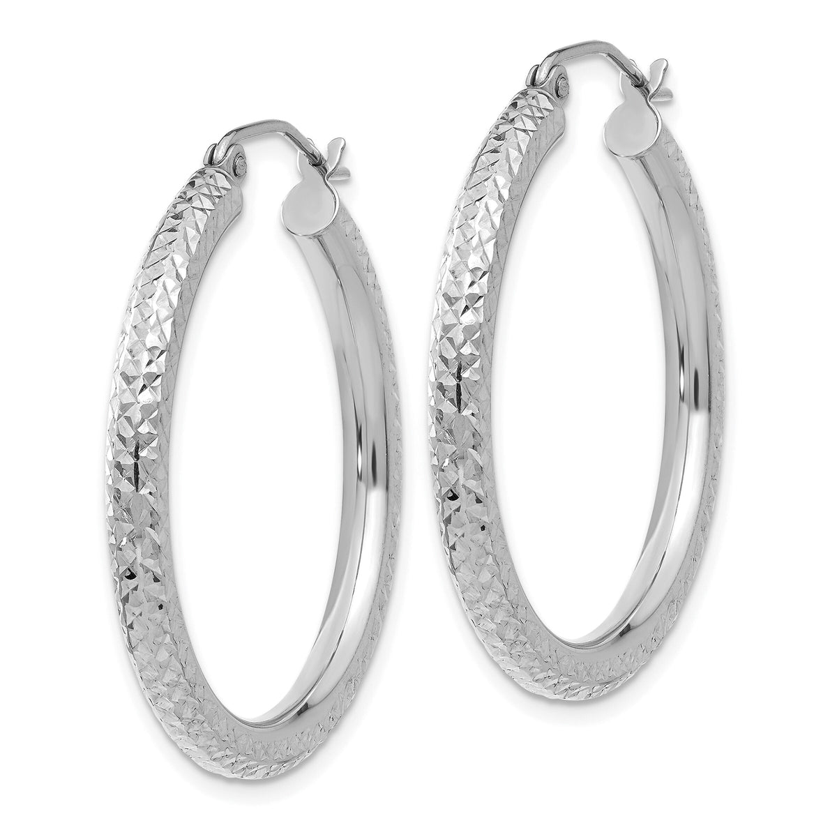 14k White Gold Diamond-cut 3mm Round Hoop Earrings-TC252