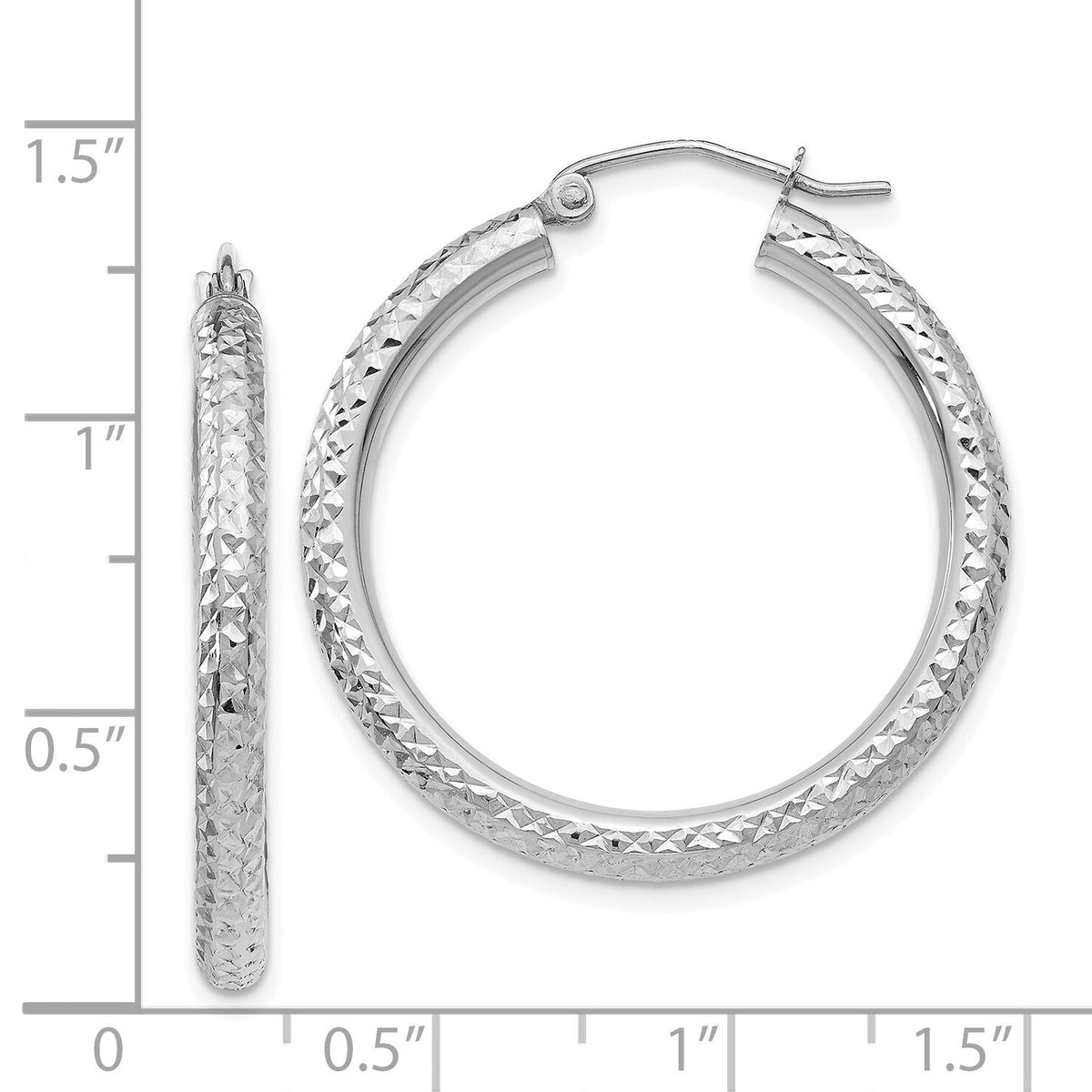 14k White Gold Diamond-cut 3mm Round Hoop Earrings-TC252