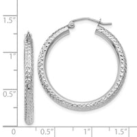 14k White Gold Diamond-cut 3mm Round Hoop Earrings-TC252