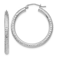 14k White Gold Diamond-cut 3mm Round Hoop Earrings-TC252