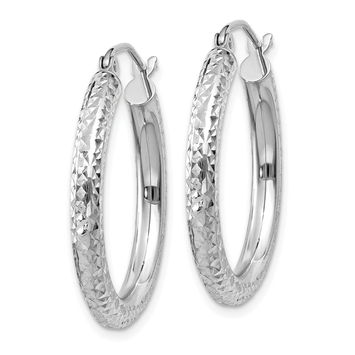 14k White Gold Diamond-cut 3mm Round Hoop Earrings-TC253