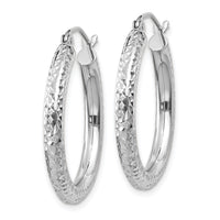 14k White Gold Diamond-cut 3mm Round Hoop Earrings-TC253