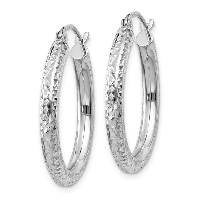 14k White Gold Diamond-cut 3mm Round Hoop Earrings-TC253