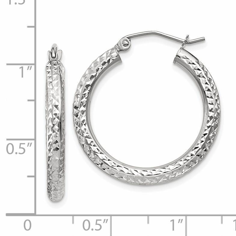 14k White Gold Diamond-cut 3mm Round Hoop Earrings-TC253