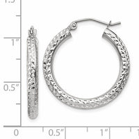 14k White Gold Diamond-cut 3mm Round Hoop Earrings-TC253
