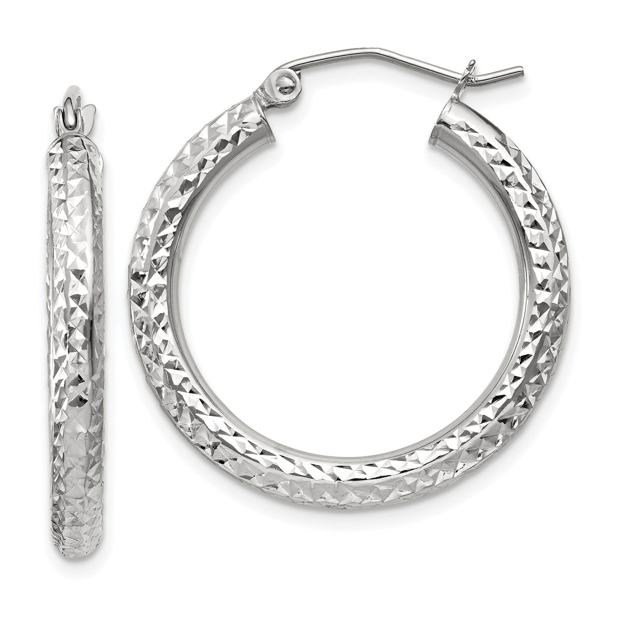 14k White Gold Diamond-cut 3mm Round Hoop Earrings-TC253