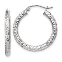 14k White Gold Diamond-cut 3mm Round Hoop Earrings-TC253