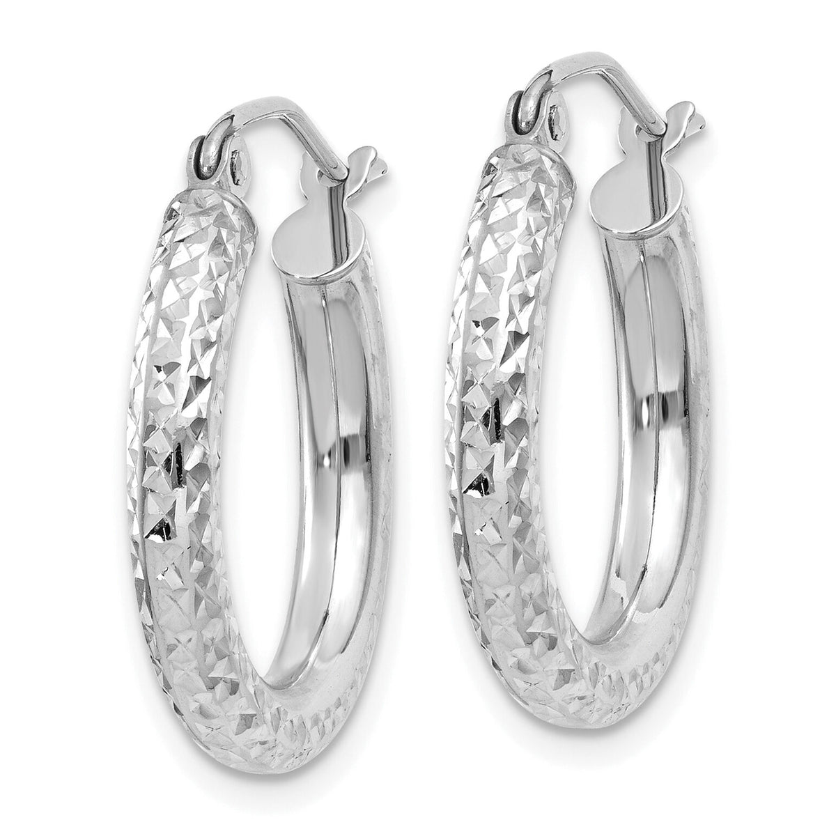 14k White Gold Diamond-cut 3mm Round Hoop Earrings-TC254