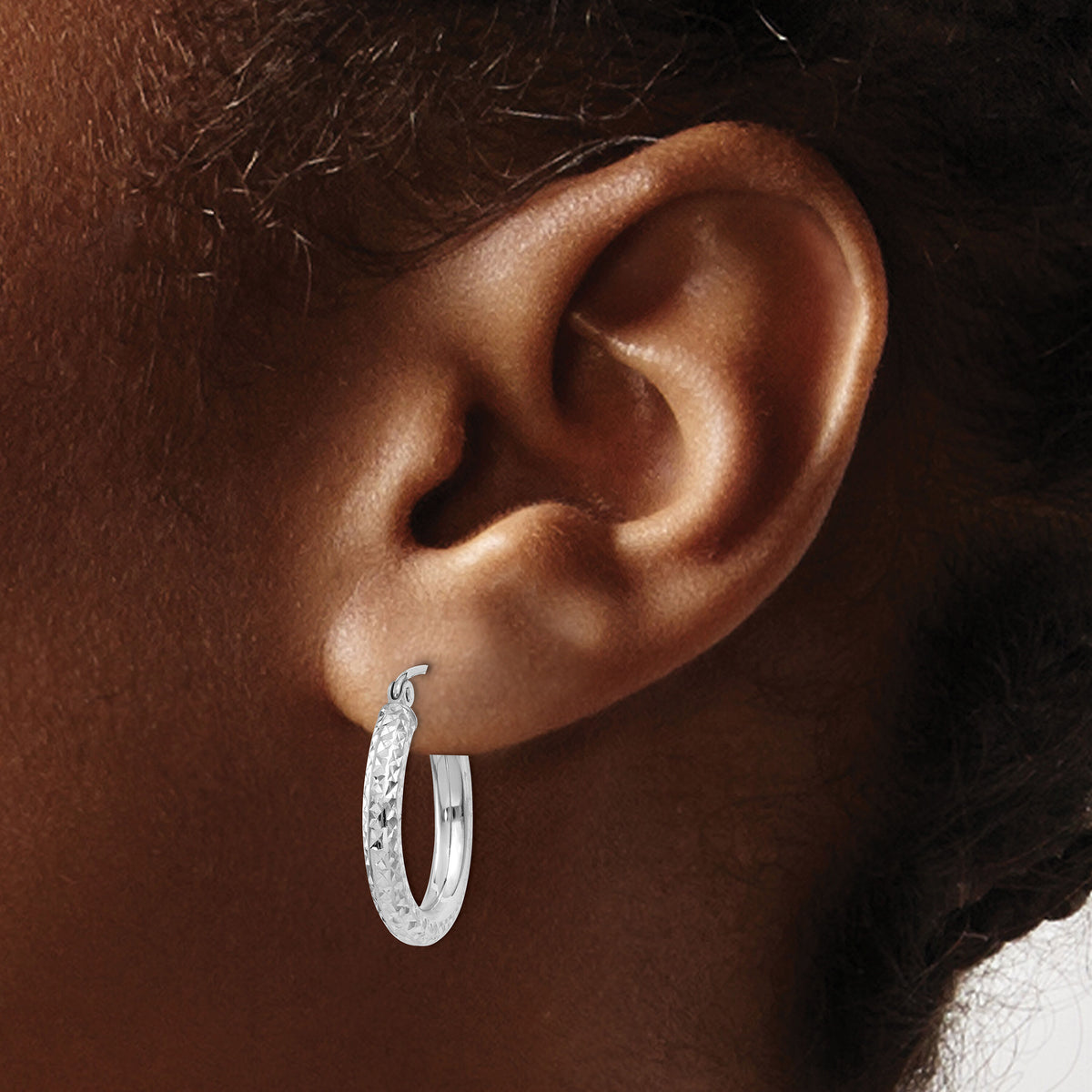 14k White Gold Diamond-cut 3mm Round Hoop Earrings-TC254