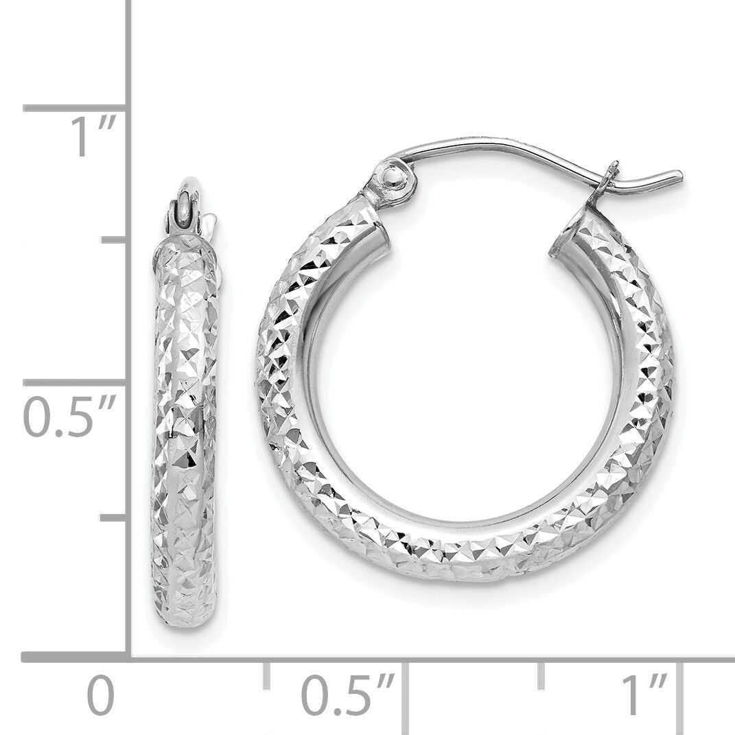 14k White Gold Diamond-cut 3mm Round Hoop Earrings-TC254