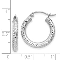 14k White Gold Diamond-cut 3mm Round Hoop Earrings-TC254