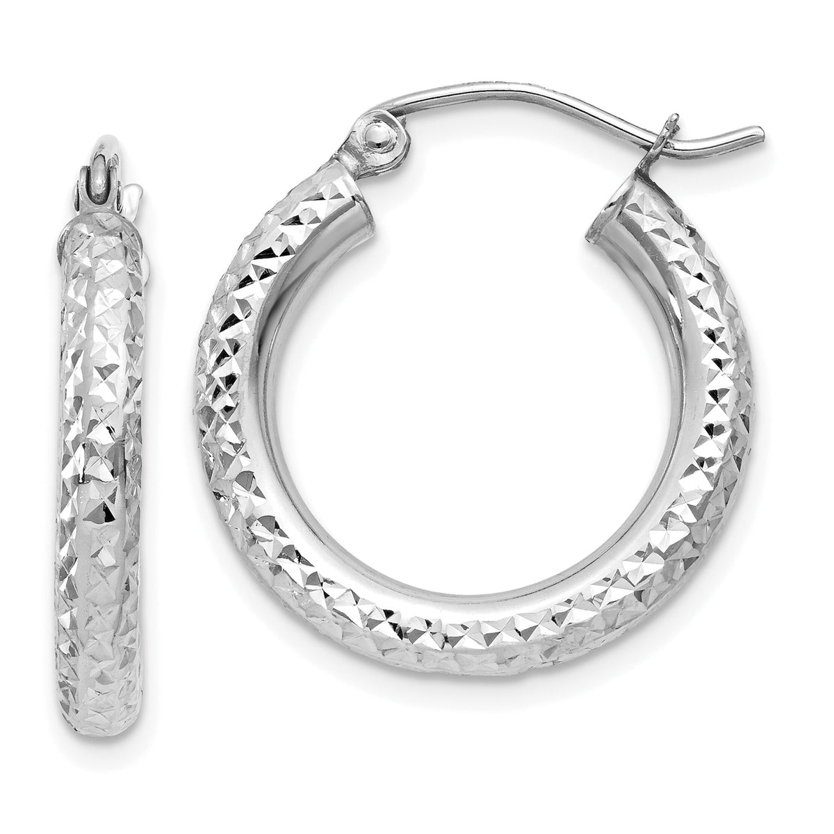 14k White Gold Diamond-cut 3mm Round Hoop Earrings-TC254