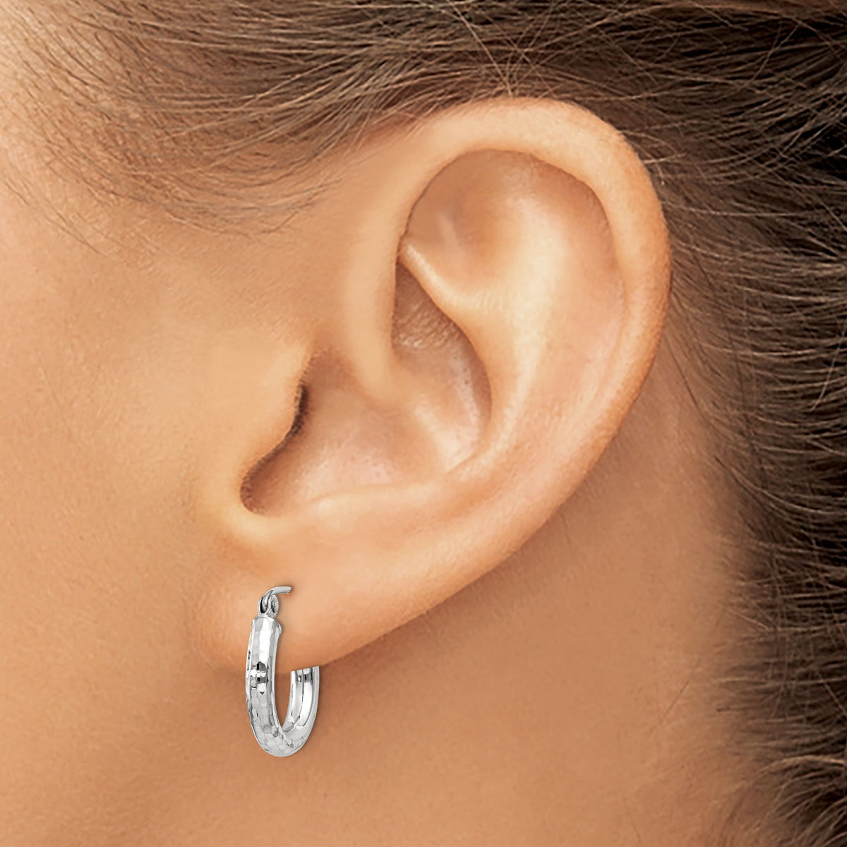 14k White Gold Diamond-cut 3mm Round Hoop Earrings-TC255
