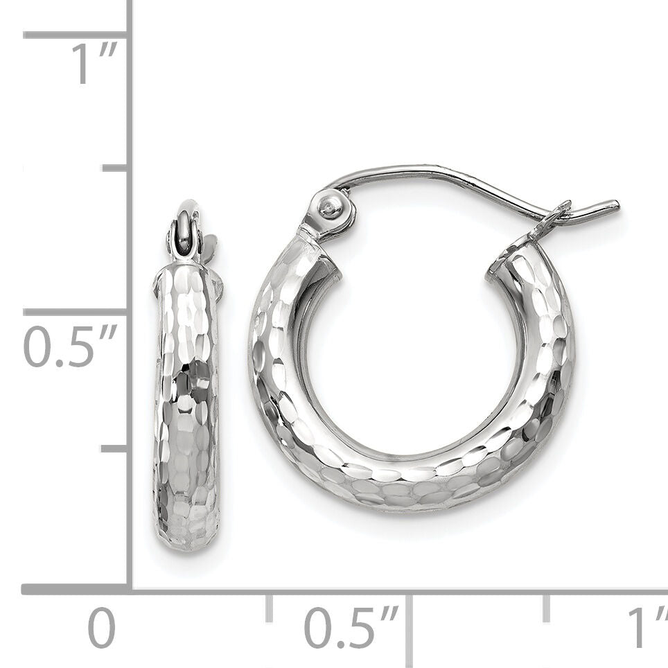 14k White Gold Diamond-cut 3mm Round Hoop Earrings-TC255