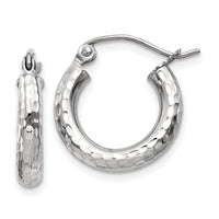 14k White Gold Diamond-cut 3mm Round Hoop Earrings-TC255