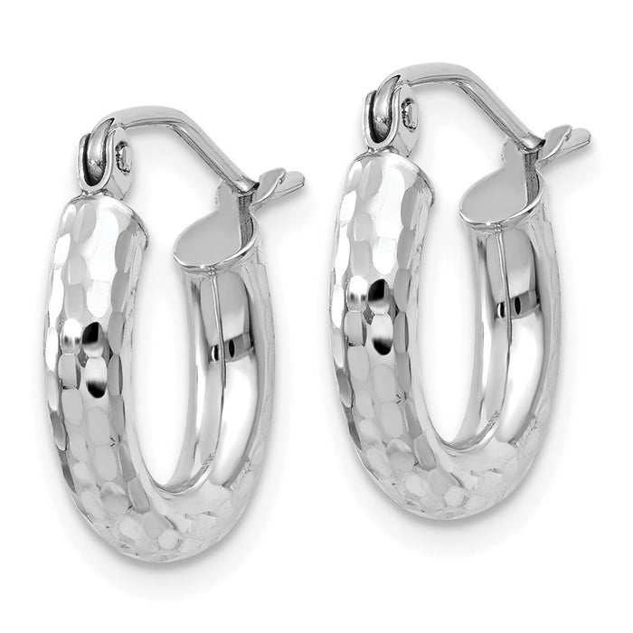 14k White Gold Diamond-cut 3mm Round Hoop Earrings-TC256