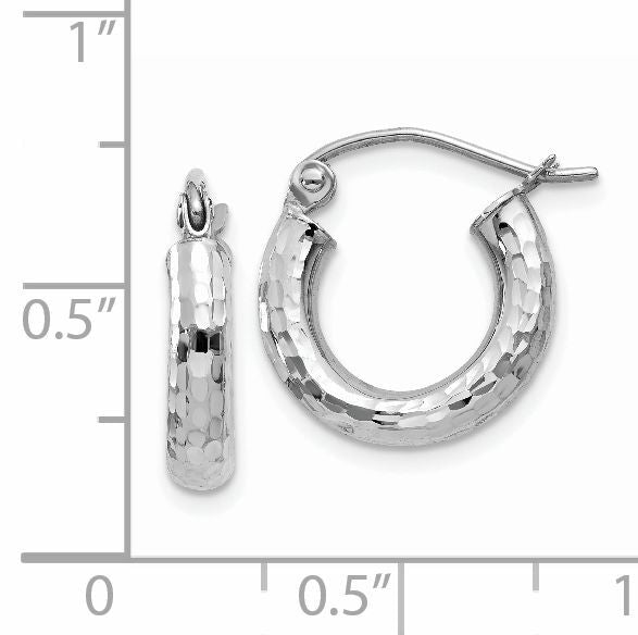 14k White Gold Diamond-cut 3mm Round Hoop Earrings-TC256