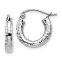 14k White Gold Diamond-cut 3mm Round Hoop Earrings-TC256