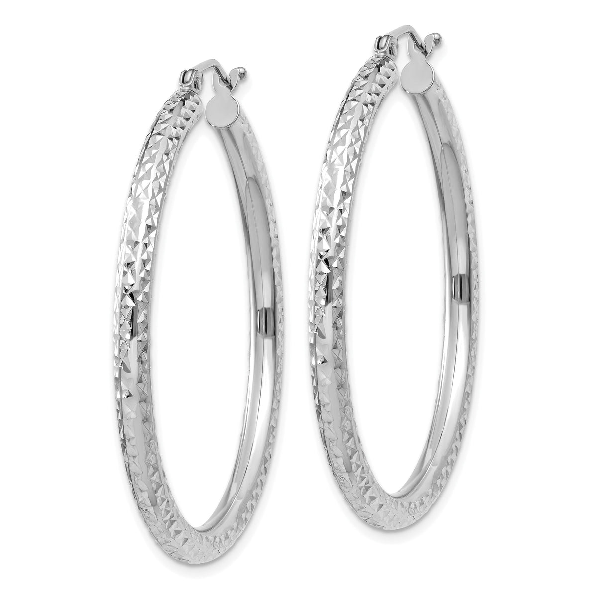 14k White Gold Diamond-cut 3mm Round Hoop Earrings-TC257