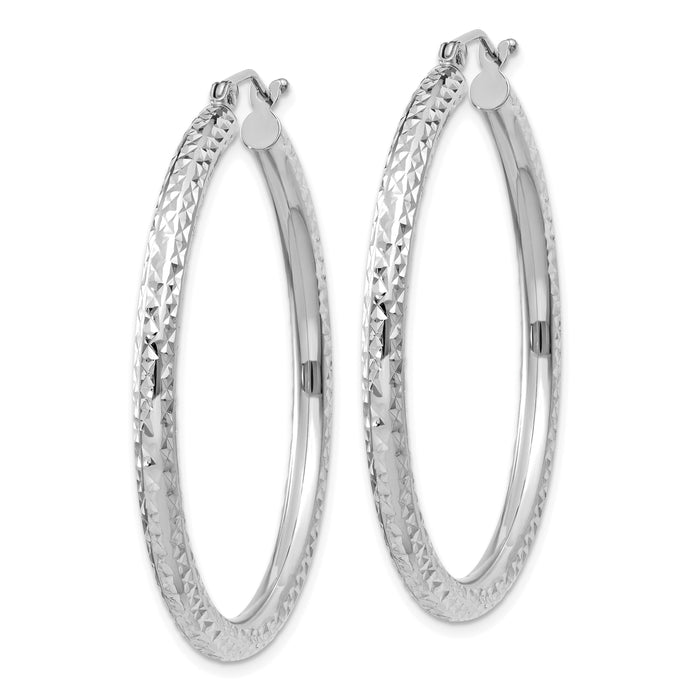 14k White Gold Diamond-cut 3mm Round Hoop Earrings-TC257