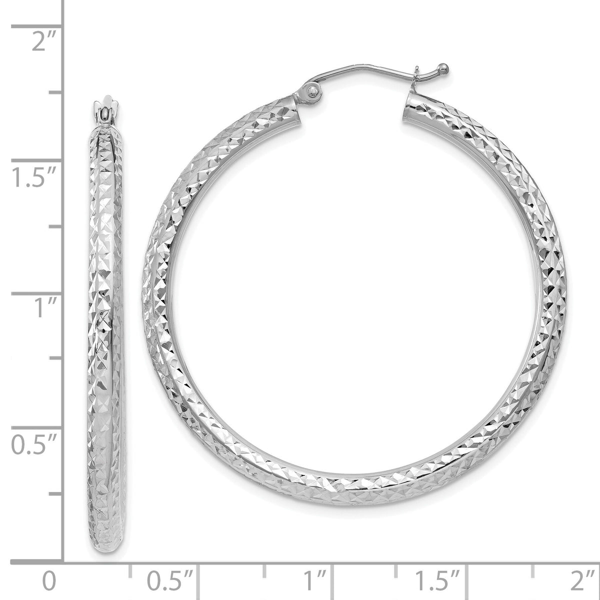 14k White Gold Diamond-cut 3mm Round Hoop Earrings-TC257