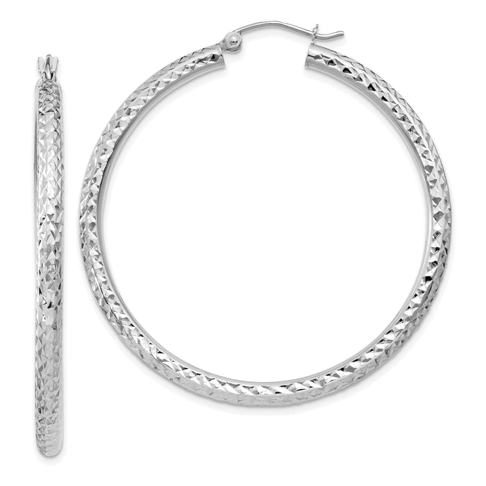 14k White Gold Diamond-cut 3mm Round Hoop Earrings-TC258