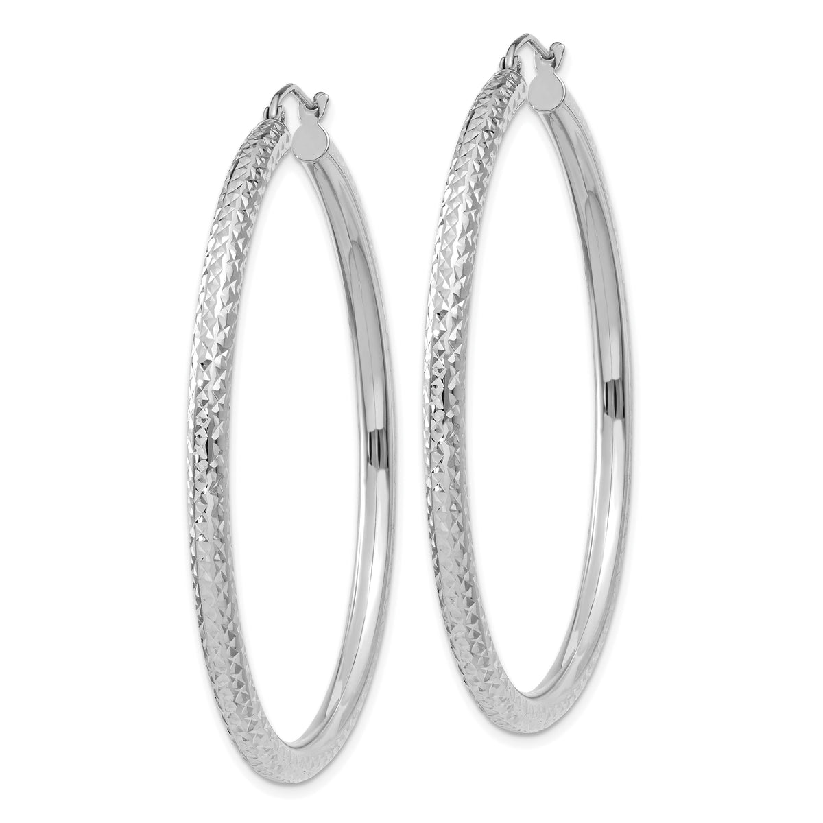 14k White Gold Diamond-cut 3mm Round Hoop Earrings-TC259