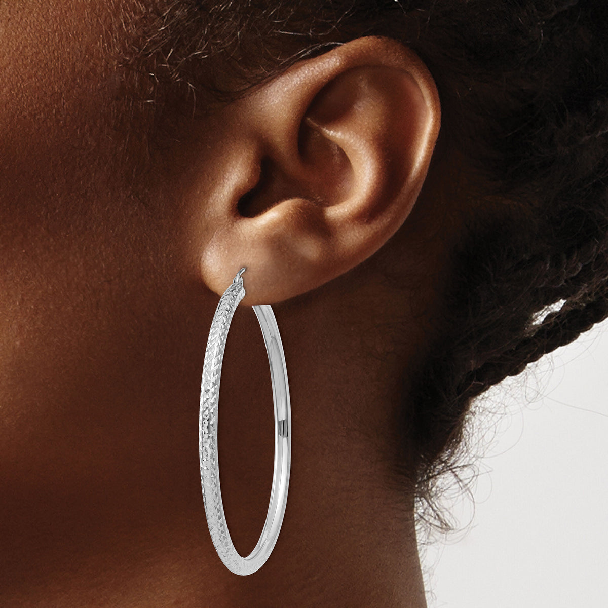 14k White Gold Diamond-cut 3mm Round Hoop Earrings-TC259