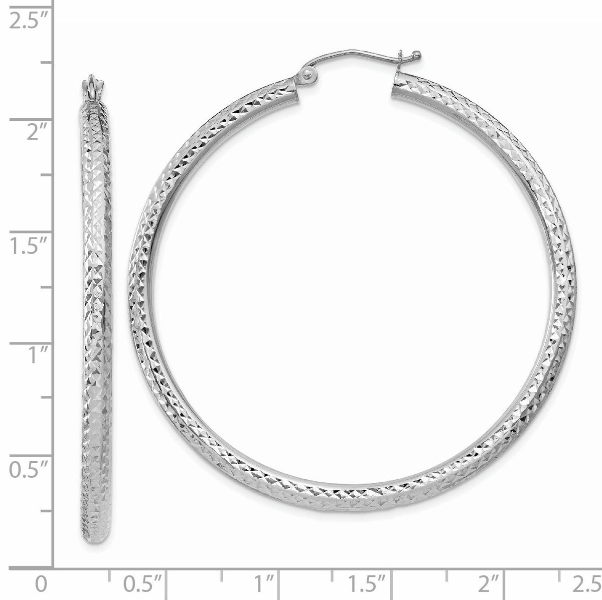 14k White Gold Diamond-cut 3mm Round Hoop Earrings-TC259