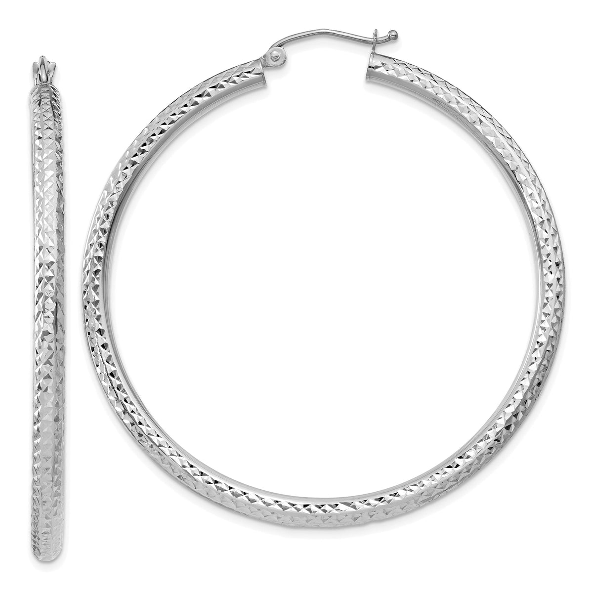 14k White Gold Diamond-cut 3mm Round Hoop Earrings-TC259