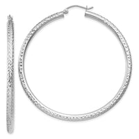 14k White Gold Diamond-cut 3mm Round Hoop Earrings-TC260