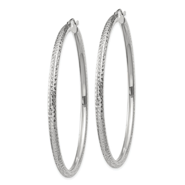14k White Gold Diamond-cut 3mm Round Hoop Earrings-TC261