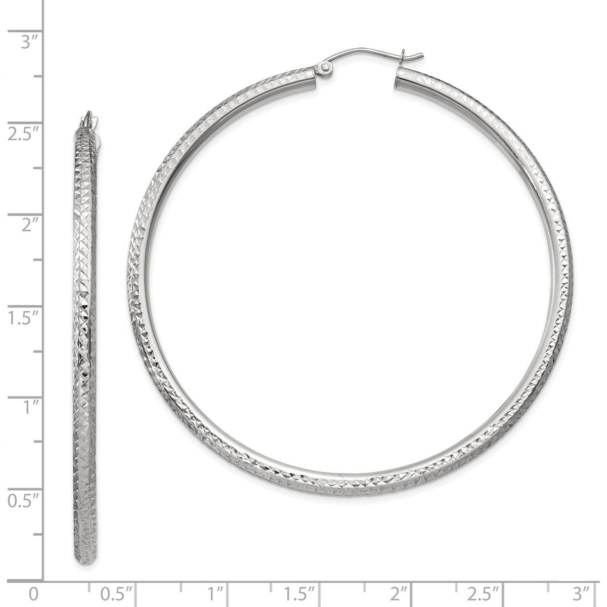 14k White Gold Diamond-cut 3mm Round Hoop Earrings-TC261