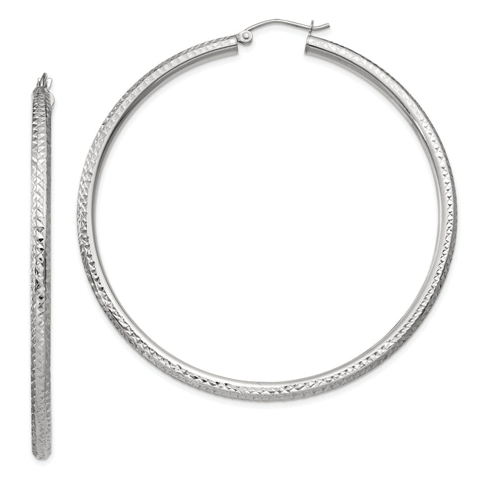 14k White Gold Diamond-cut 3mm Round Hoop Earrings-TC261