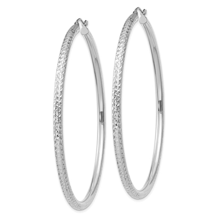 14k White Gold Diamond-cut 3mm Round Hoop Earrings-TC262