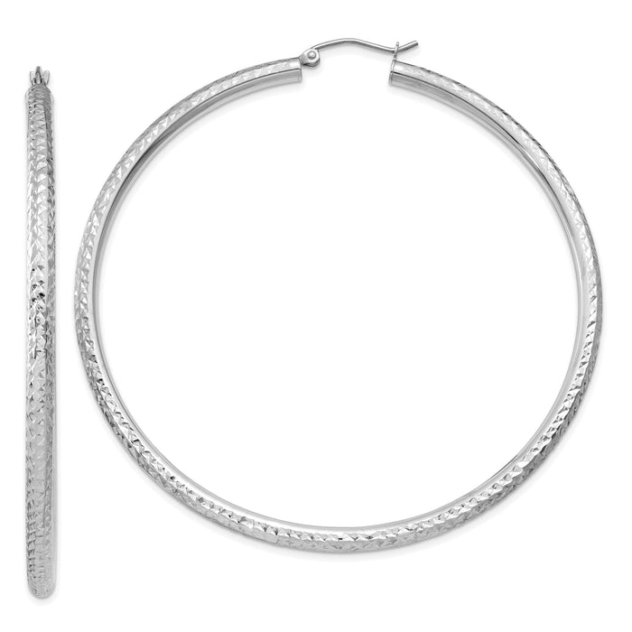 14k White Gold Diamond-cut 3mm Round Hoop Earrings-TC262