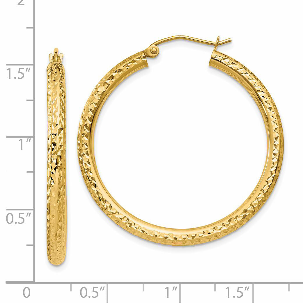14k Diamond-cut 3mm Round Hoop Earrings-TC263