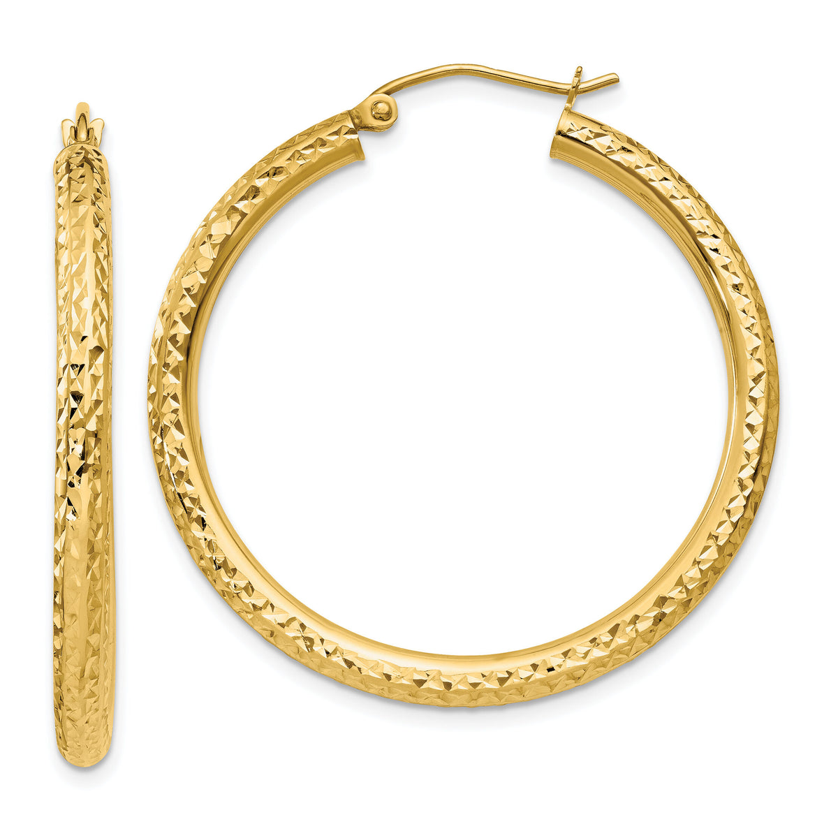 14k Diamond-cut 3mm Round Hoop Earrings-TC263