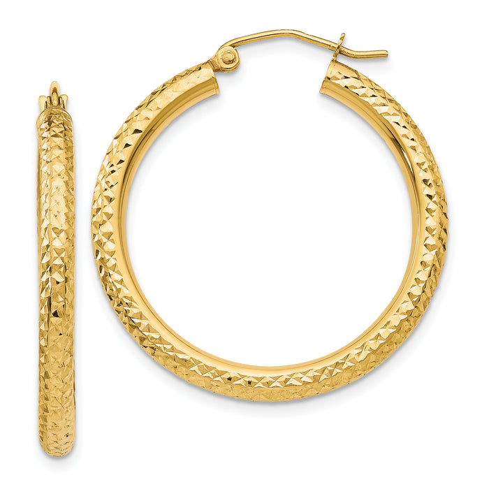 14k Diamond-cut 3mm Round Hoop Earrings-TC264