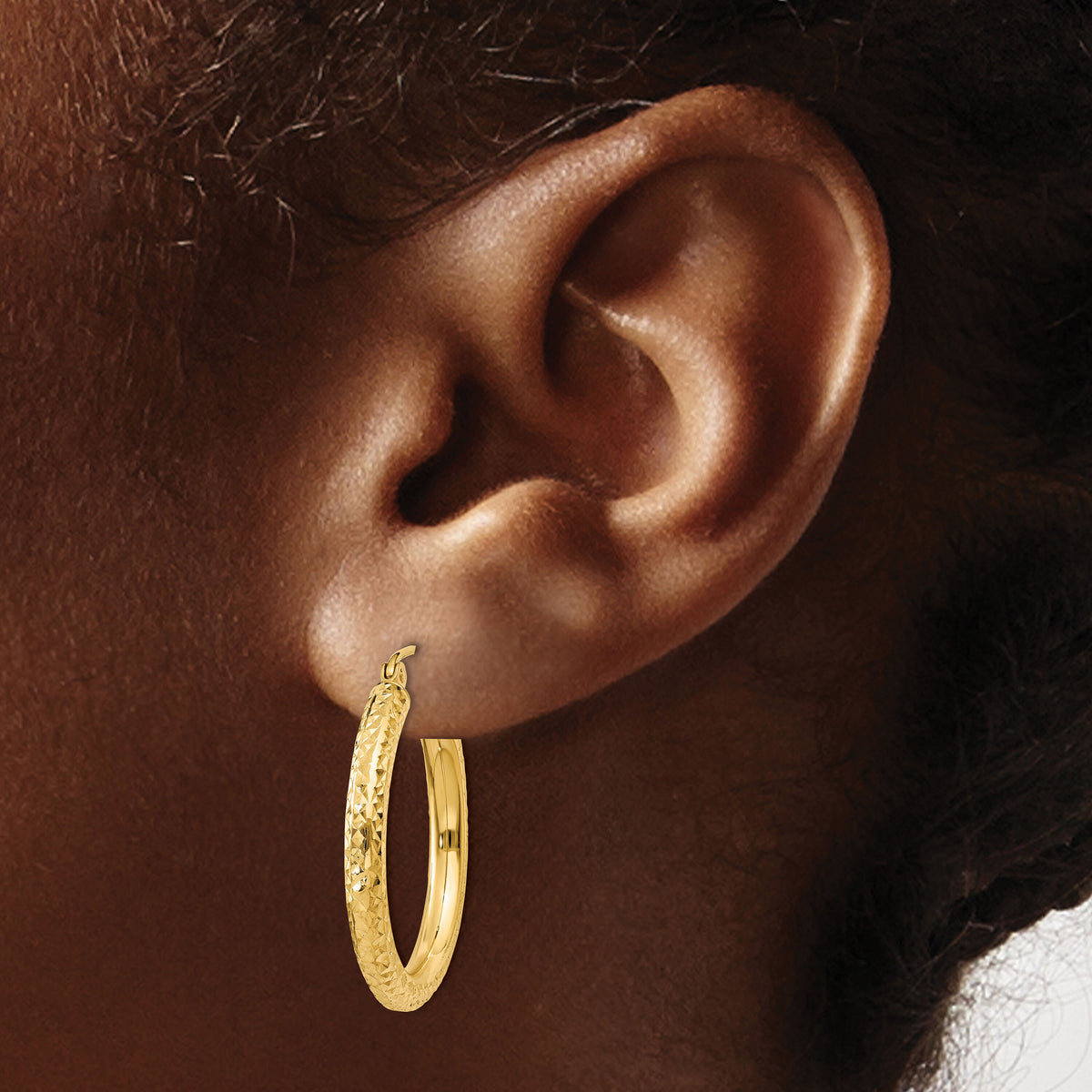 14k Diamond-cut 3mm Round Hoop Earrings-TC265