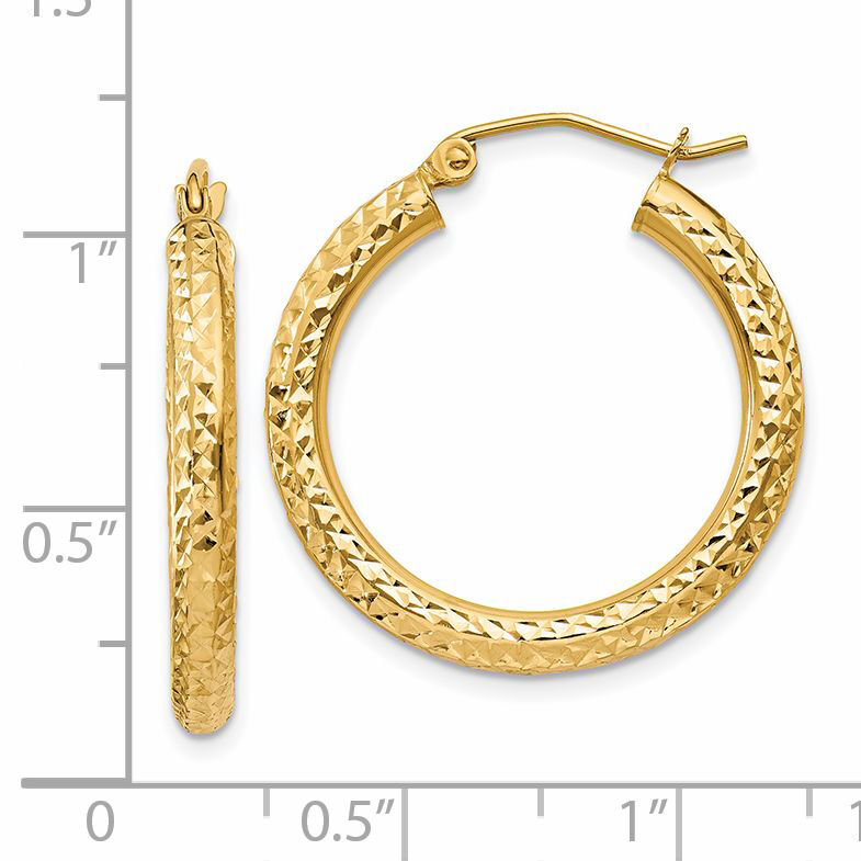 14k Diamond-cut 3mm Round Hoop Earrings-TC265