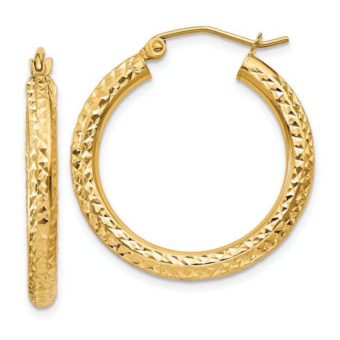 14k Diamond-cut 3mm Round Hoop Earrings-TC265